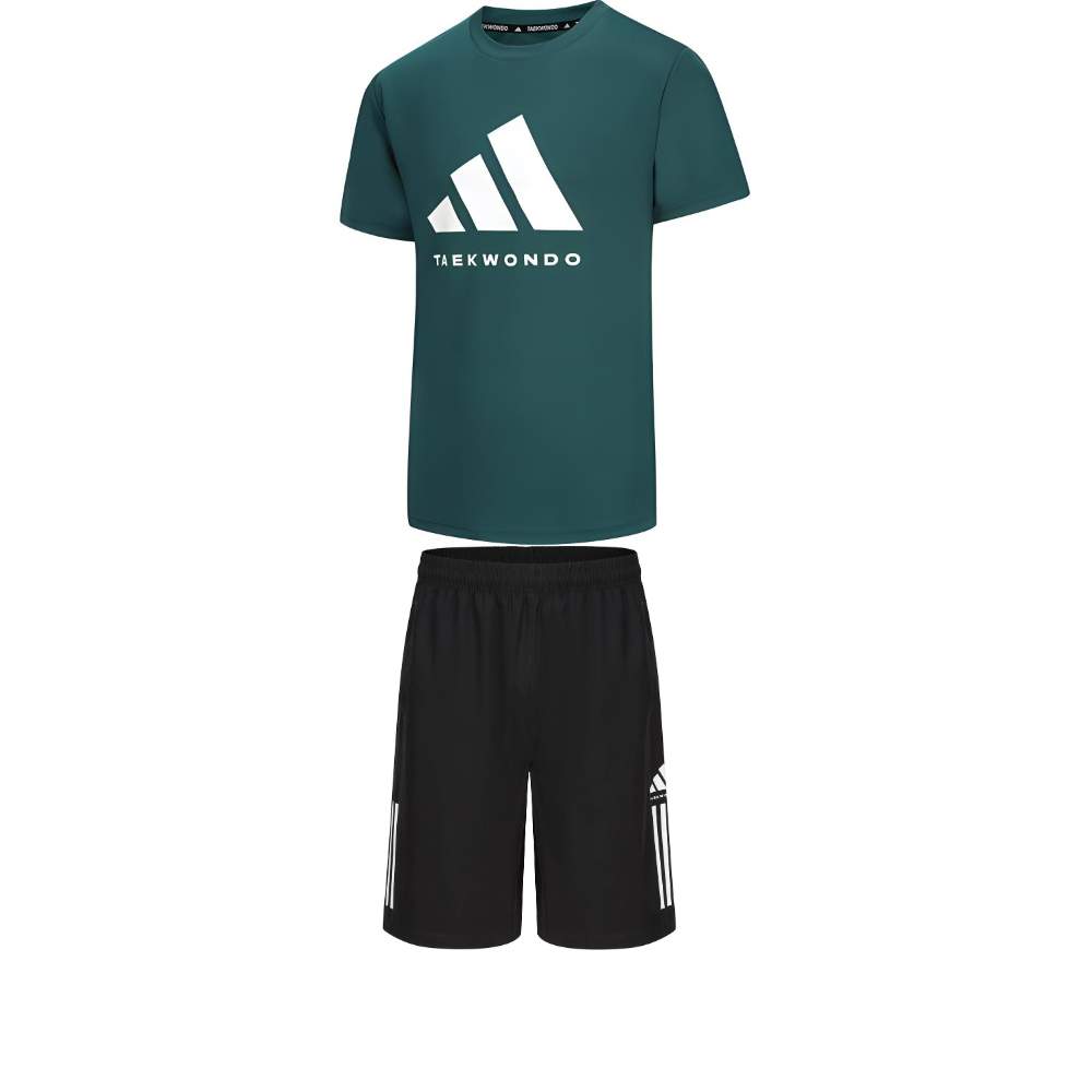 Adidas Taekwondo Casual Sportswear Men’s Clothing Set Green Short Sleeved Shirt+Black Shorts