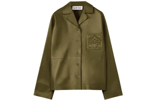 LOEWE Leather Jackets Women's Dark Khaki Green Lapel Moderate Other