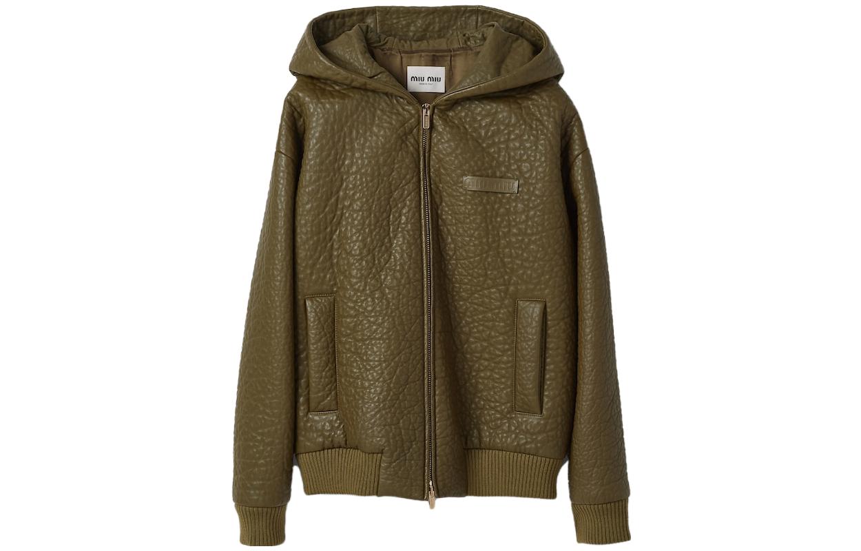 MIU MIU Leather Jackets Women's Army Green Hooded Moderate Other
