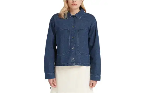 Timberland Denim Jackets Women's Dark Blue Lapel Moderate Straight Fit