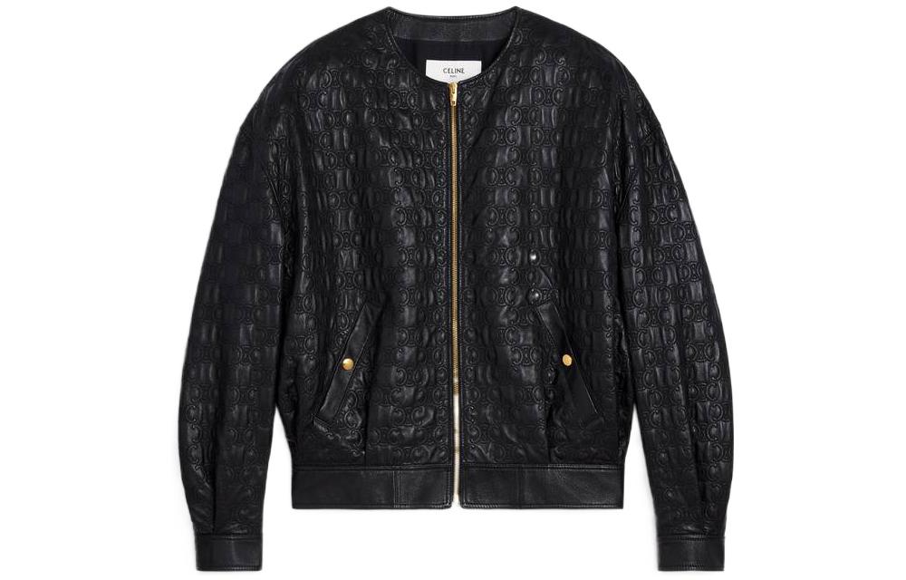 CELINE Leather Jackets Women's Black Crew Neck Moderate