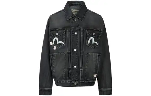 EVISU Denim Jackets Women's Black Lapel Moderate Straight Fit