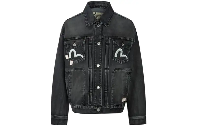 EVISU Denim Jackets Women's Black Lapel Moderate Straight Fit