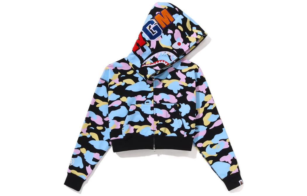 Bape Women'ss New Multi Camo Cropped Shark Full Zip Hoodie White