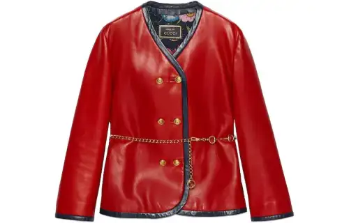 GUCCI Leather Jackets Women's Red V Neck Moderate Other