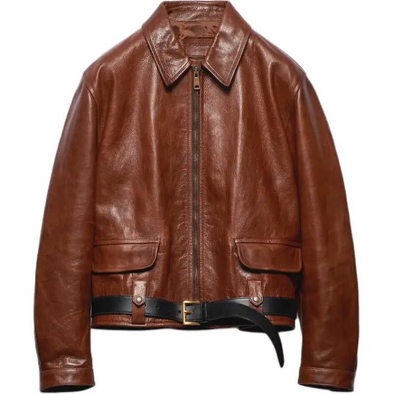 PRADA SS24 Leather Jacket Women's Red Sandalwood Wood Color