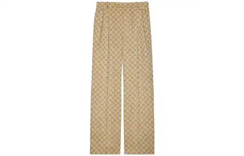 GUCCI Gg Linen Cotton Jacquard Trousers Beige