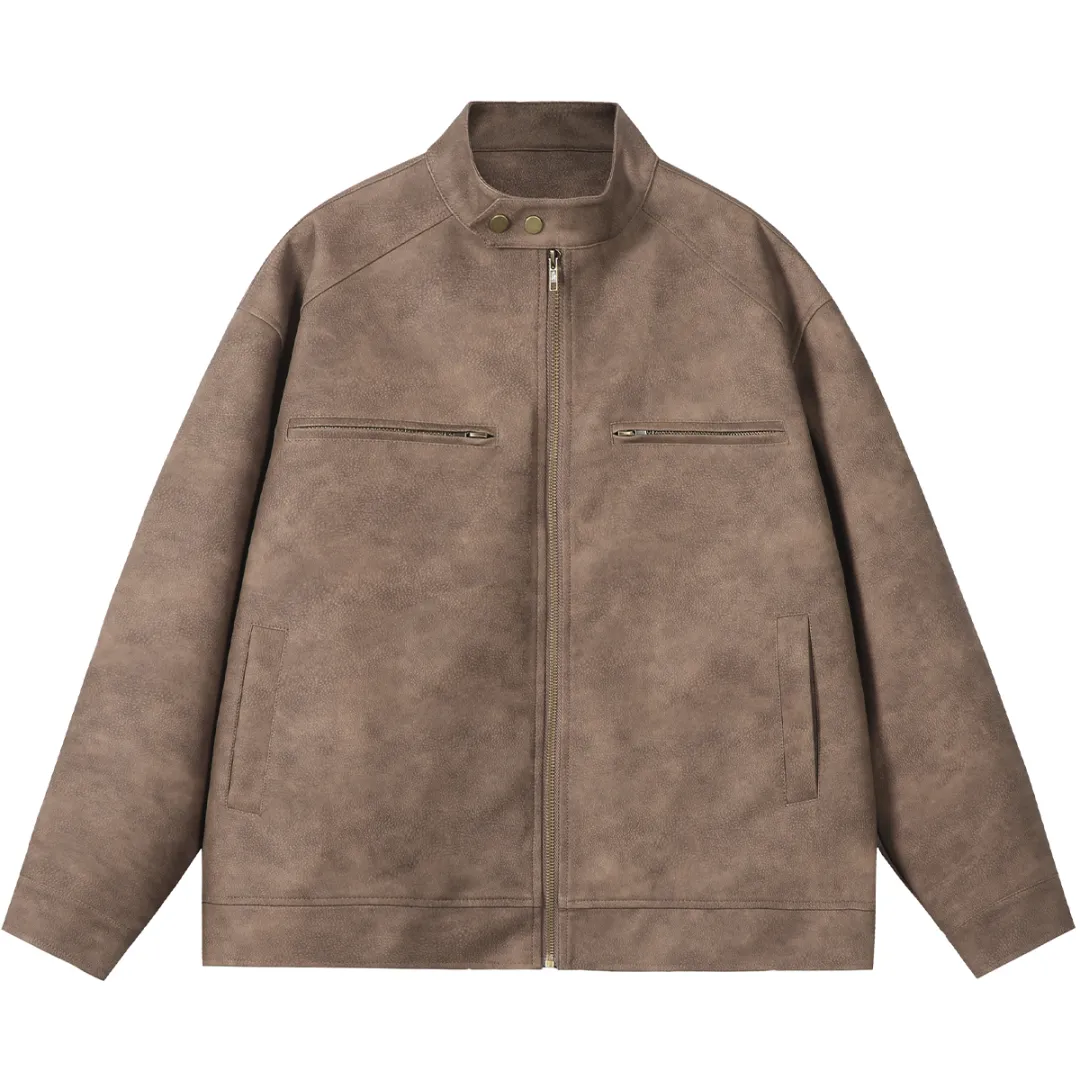 NANDCHN Leather Jackets Unisex Stand Collar Moderate Biker Jacket