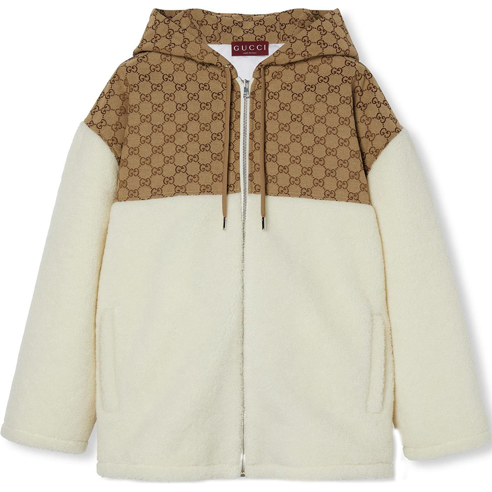 GUCCI Intarsia Wool Fleece Zip Jacket 'White/Camel'