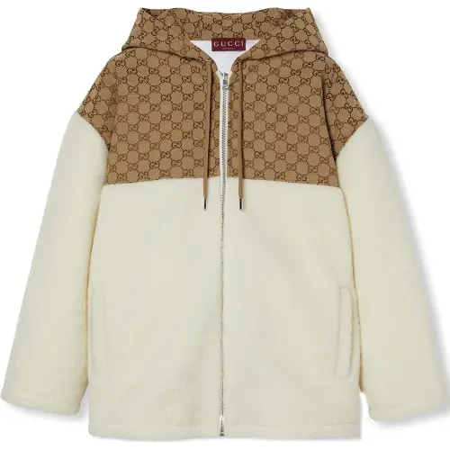 GUCCI Intarsia Wool Fleece Zip Jacket 'White/Camel'