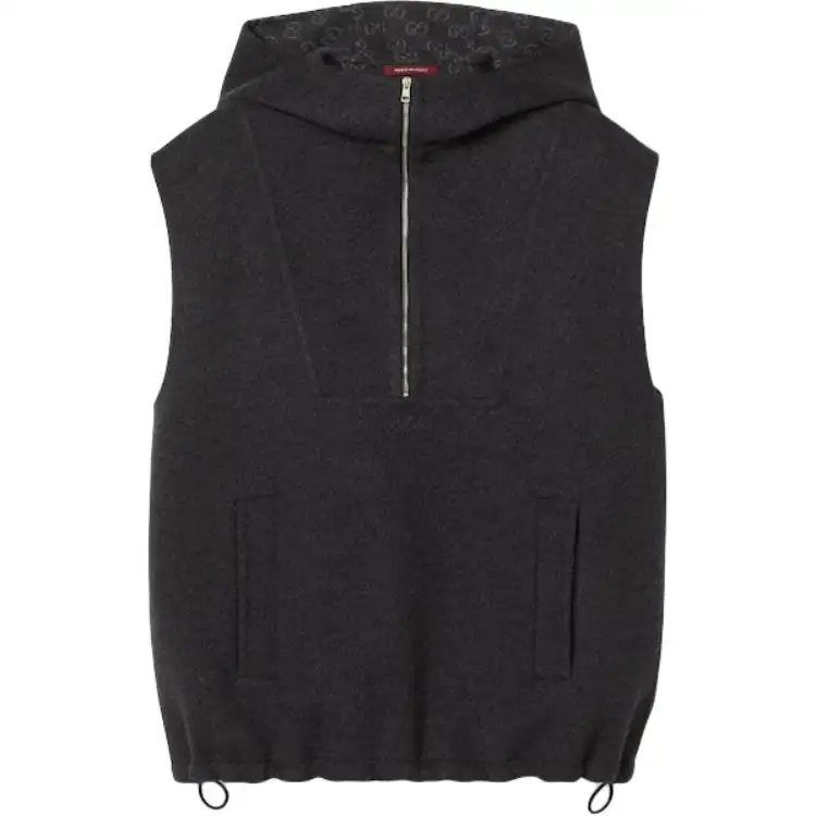 GUCCI Embroidered Wool Silk Hooded Gilet Vest Women's Dark Gray