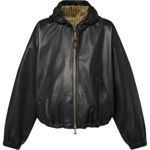 Lv Leather Hooded Jacket