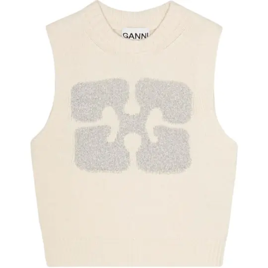 GANNI Glittery-Logo Crewneck Sleeveless Knitted Vest