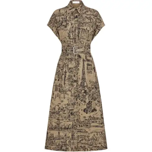 DIOR Mid Length Shirtdress Short Sleeved Dress Women's Beige