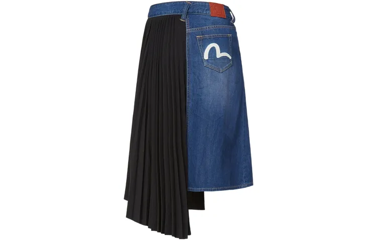EVISU Denim Long Skirts Women's Denim Blue/Black Mid Length Patchwork Style