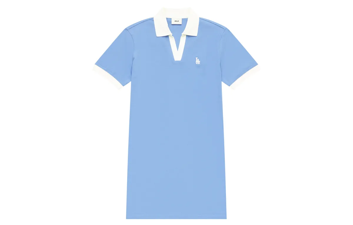MLB Basic Logo Short-Sleeved Dresses Women's Blue Polo Collar Moderate Mid-Length