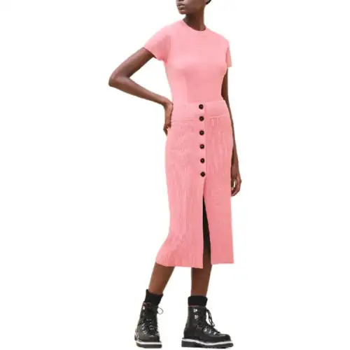 HERMES Hermès FW24 solid color mid-waist buttoned mid-length knitted maxi skirt for women rose color