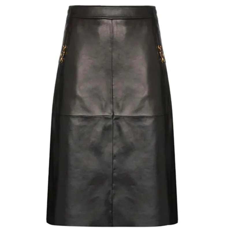 GUCCI Leather Long Skirts Women's Black Moderate Mid Length A Line Skirt