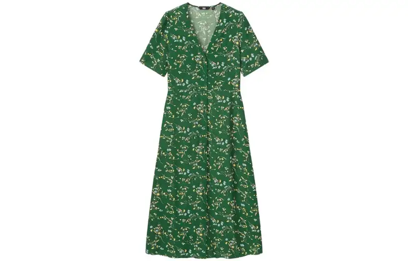 UNIQLO Short Sleeved Dresses Women's Turquoise V Neck Moderate Mid Length