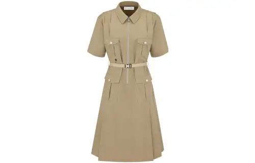 DIOR Short Sleeved Dresses Women's Beige Shirt Collar Moderate Mid Length