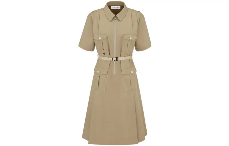 DIOR Short Sleeved Dresses Women's Beige Shirt Collar Moderate Mid Length