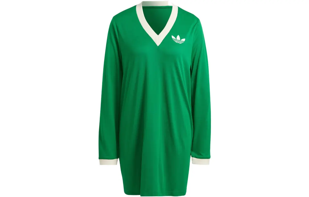 Adidas Originals Long-Sleeved Dresses Women's Green V-neck Moderate Mid-Length