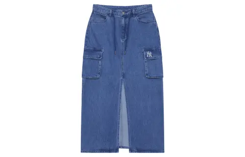 MLB Denim base denim skirt, indigo long skirt, A-line