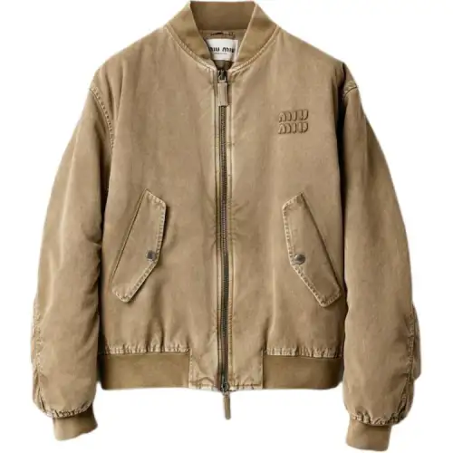 MIU MIU Miu Miu Solid Color Embroidered Logo Long Sleeve Bomber Jacket Women's Tundra