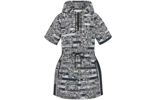 DIOR Quarterly New Products Short Sleeved Dresses Women's Marine Blue Hooded Moderate Short