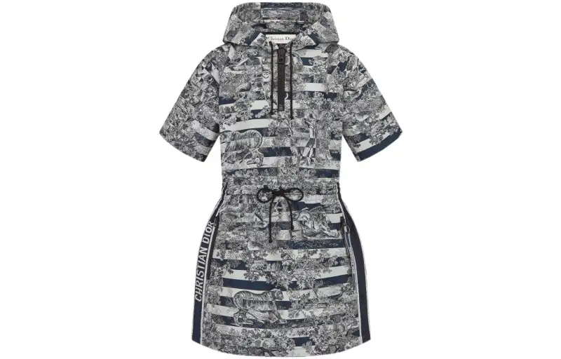 DIOR Quarterly New Products Short Sleeved Dresses Women's Marine Blue Hooded Moderate Short