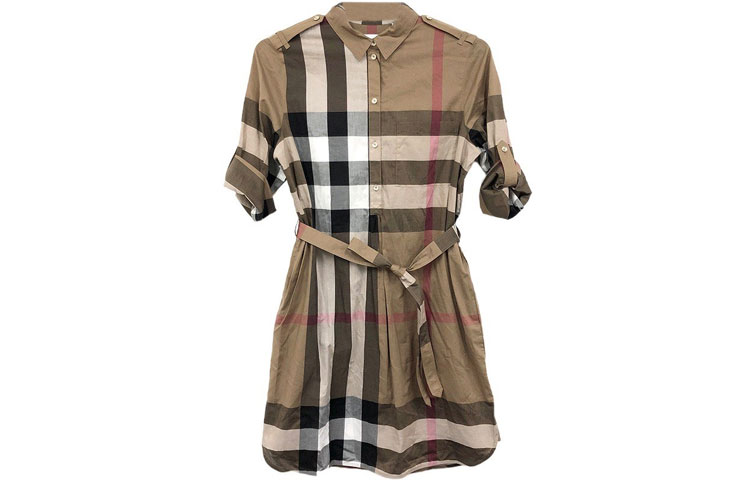 Burberry Burberry Burberry SS22 Plaid Shirt Style Single Breasted Half Sleeve Short Sleeve Dress Women's Brown