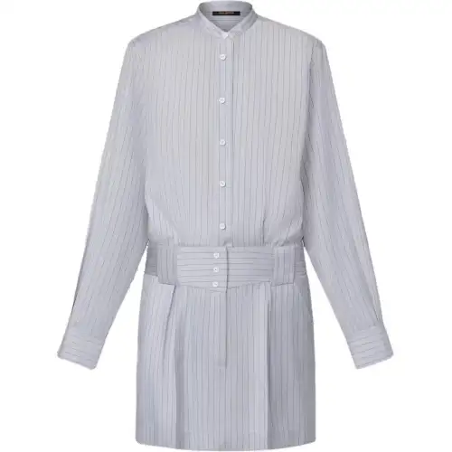 LOUIS VUITTON Collarless Pinstripe Silk Shirt Dress
