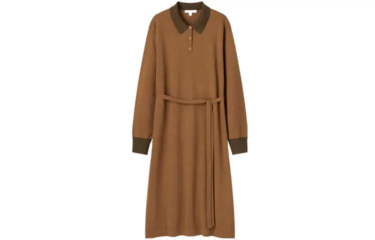 UNIQLO X MARNI Uniqlo Marni Co Branding Long Sleeved Dresses Women's Brown Polo Collar Moderate Mid Length
