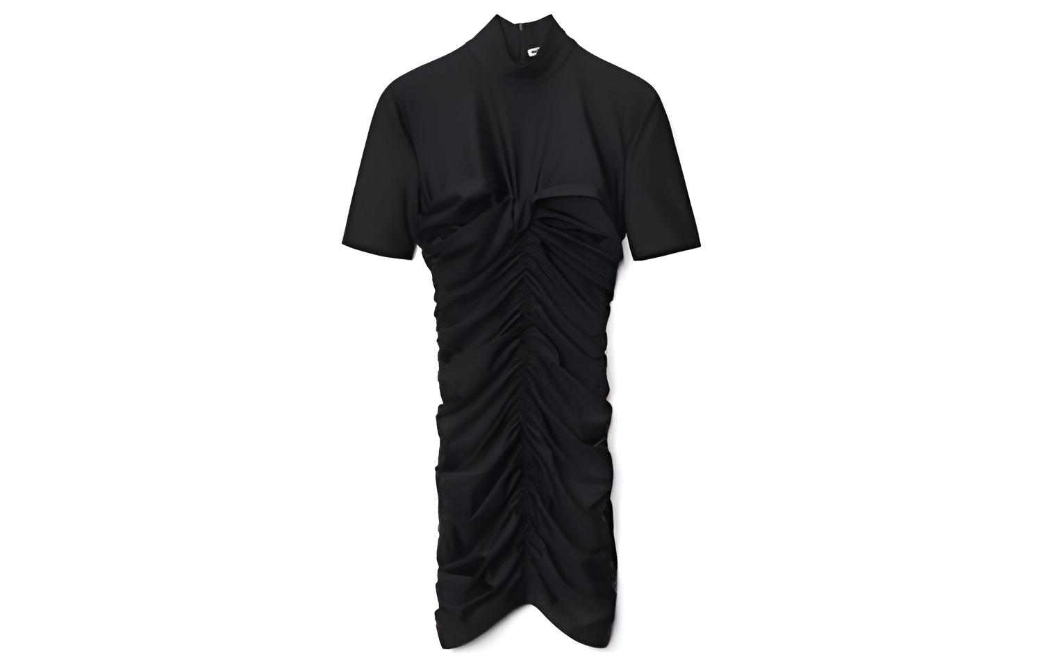 Alexander wang FW22 solid color stitching pleated fit casual round neck short-sleeved dress women's black
