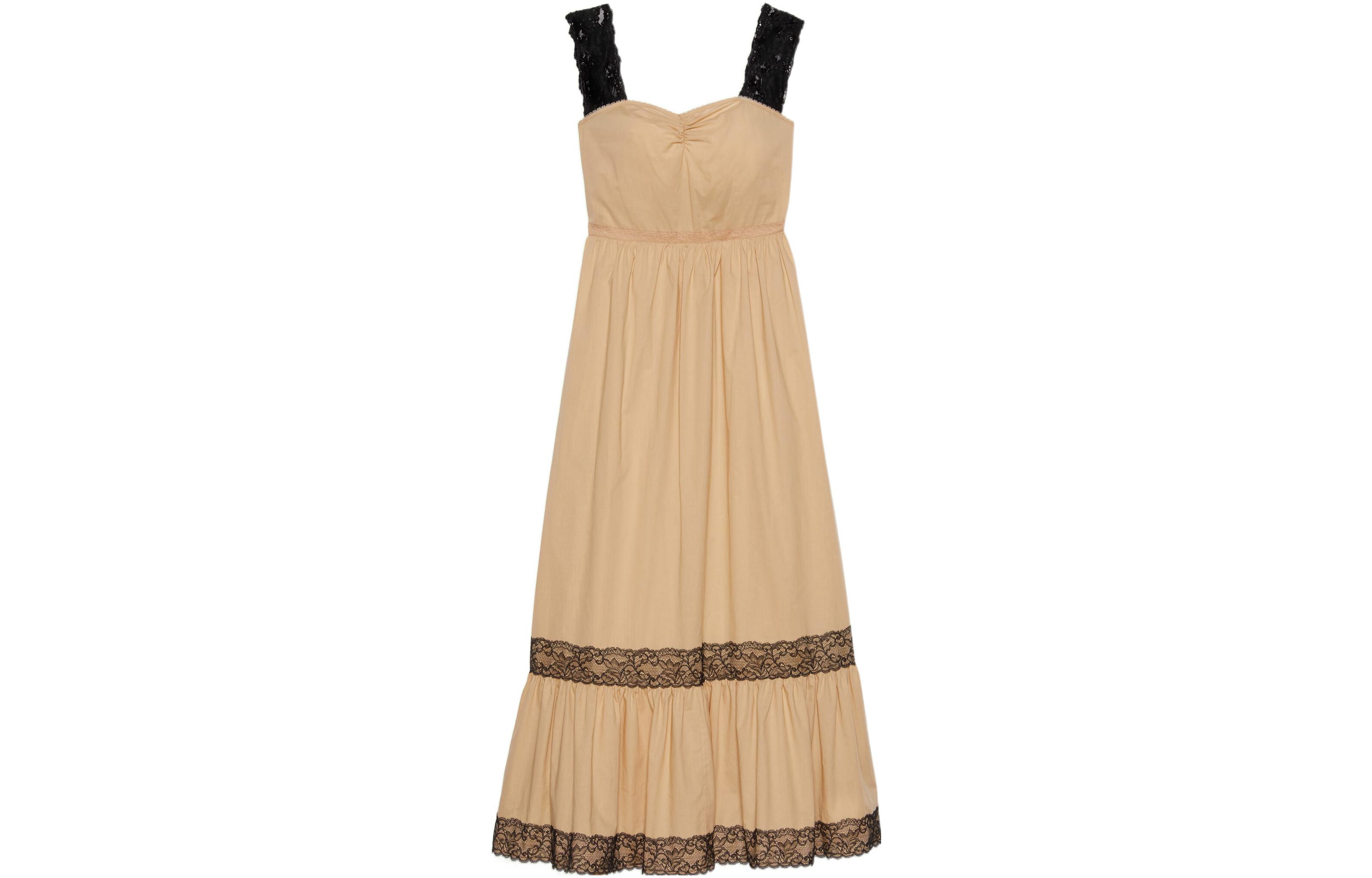 GUCCI Sleeveless Lace Trimmed Maxi Dress Beige Black