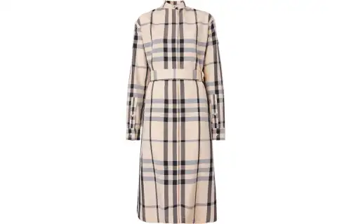 Burberry Long Sleeved Dresses Women's Beige Stand Collar Moderate Mid Length