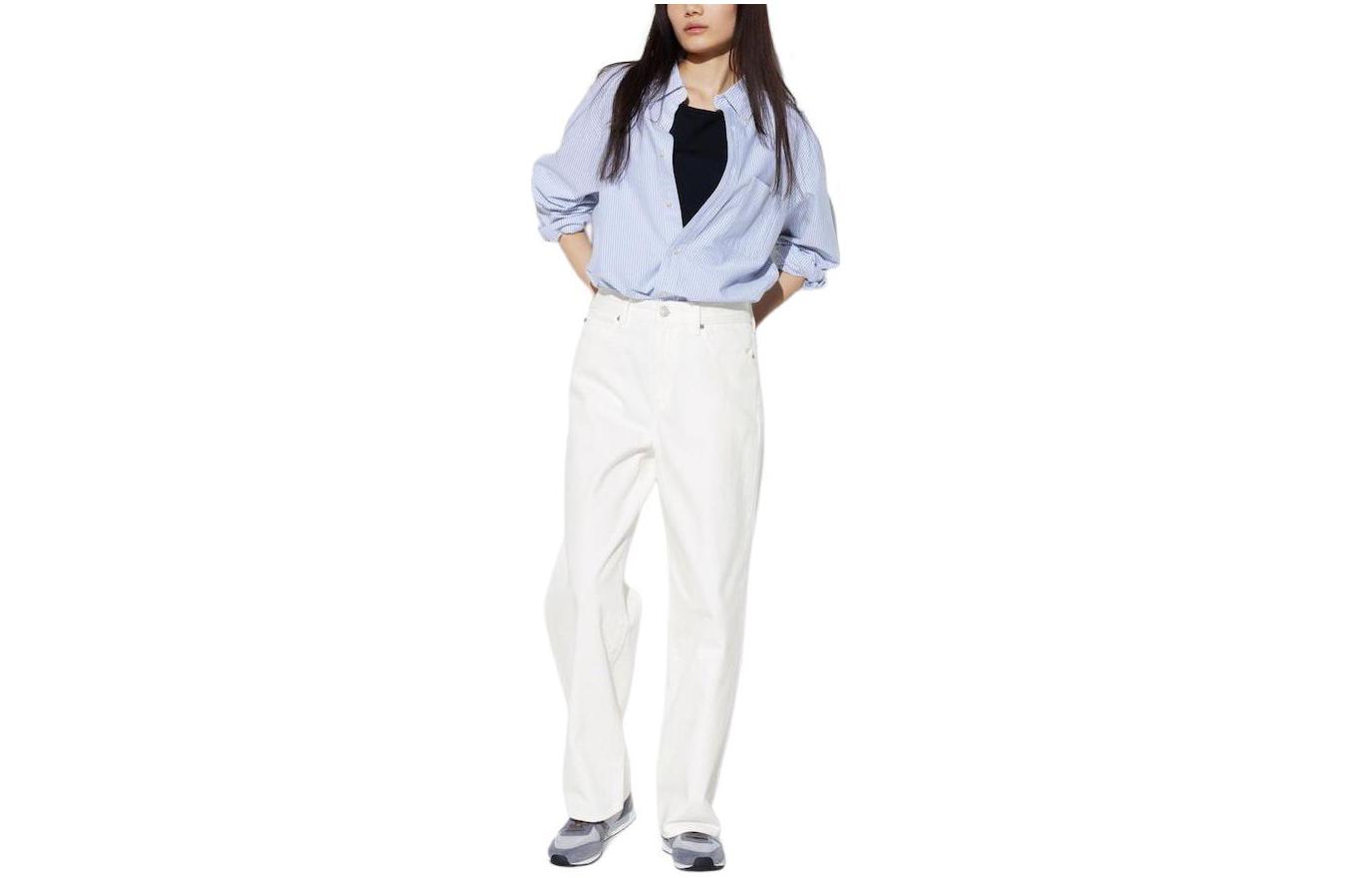 UNIQLO Uniqlo, solid color colored white loose straight jeans, high waist, loose straight fit