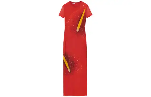 LOEWE Short Sleeved Dresses Women's Red Crew Neck Moderate Long