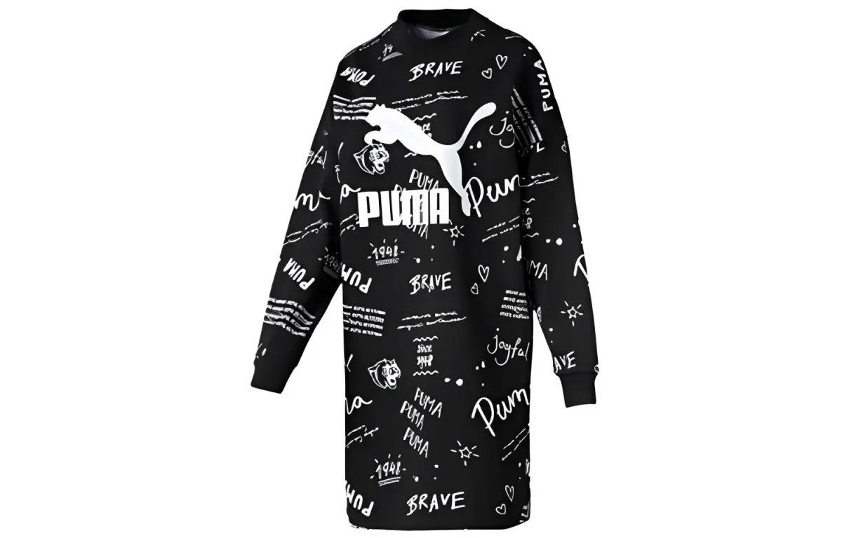 PUMA Long-Sleeved Dresses Women's Black Crew Neck Moderate Mid-Length Bodycon Skirt