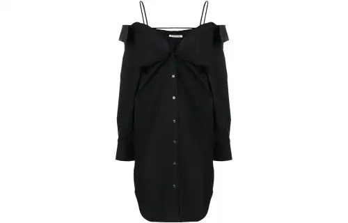Alexander wang SS22 solid color off-shoulder single-breasted cotton shirt-style hottie autumn long-sleeved dress women's black