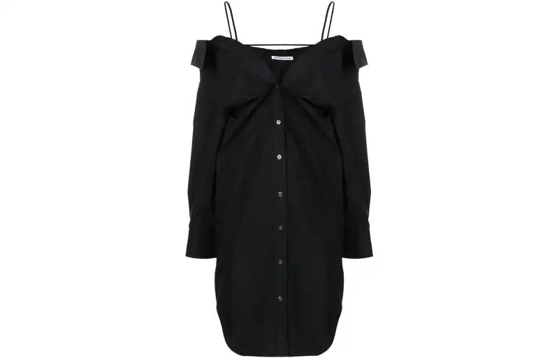 Alexander wang SS22 solid color off-shoulder single-breasted cotton shirt-style hottie autumn long-sleeved dress women's black