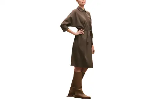 HERMES Long Sleeved Dresses Women's Tundra Green Lapel Moderate