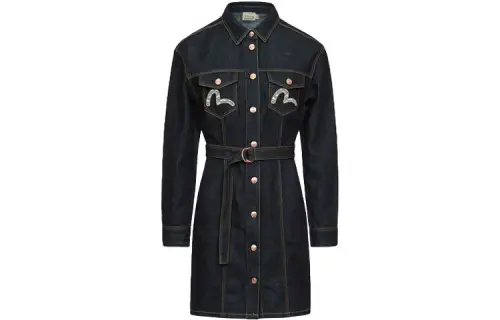 EVISU Long Sleeved Dresses Women's Denim Blue Lapel Moderate Mid Length