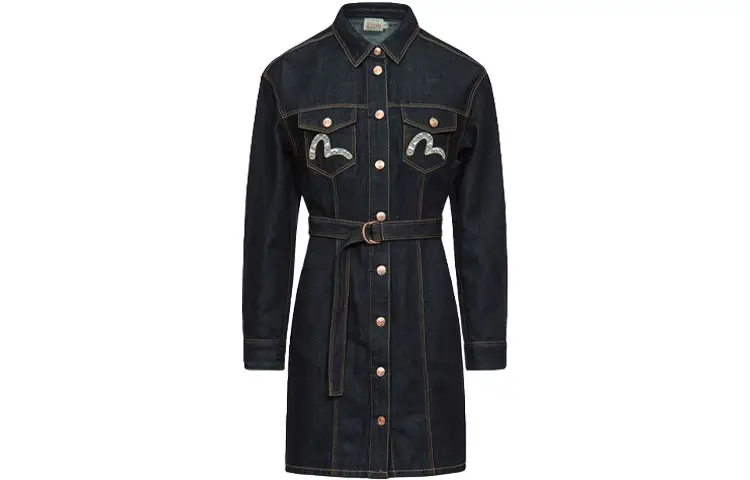 EVISU Long Sleeved Dresses Women's Denim Blue Lapel Moderate Mid Length