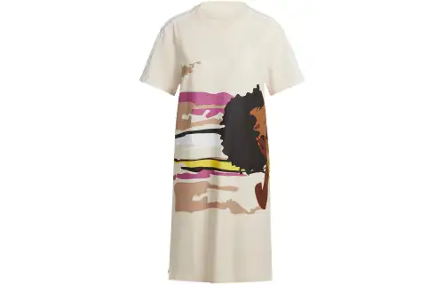 Adidas Originals Short Sleeved Dresses Women's Ecru Crew Neck Moderate Short