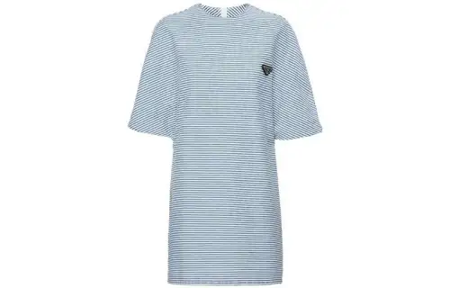 PRADA Short Sleeved Dresses Women's Denim Blue Crew Neck Moderate Short