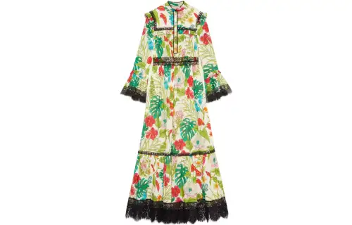GUCCI Floral Print Lace Trim Muslin Dress Multi