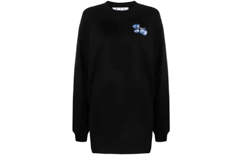 OFF WHITE Dinosaur Series Long Sleeved Dresses Women's Black Crew Neck