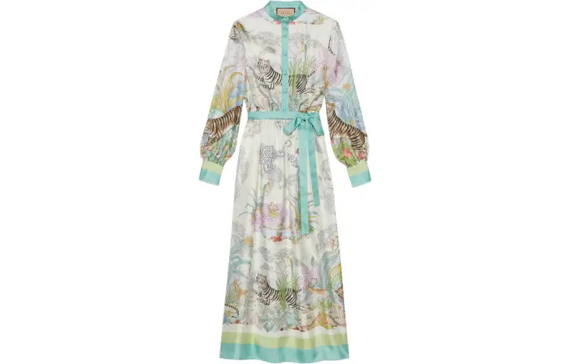 GUCCI Long Sleeved Dresses Women's White Crew Neck Moderate Mid Length
