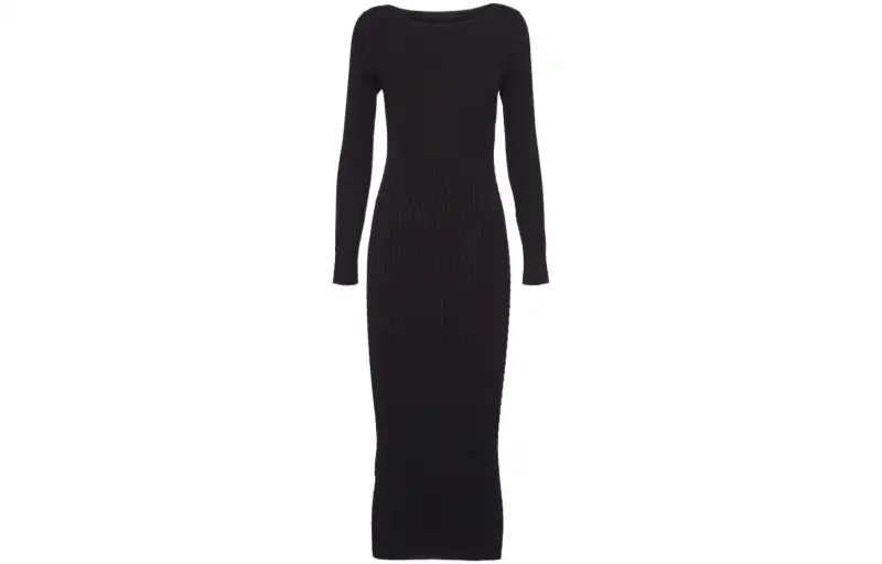 PRADA Long Sleeved Dresses Women's Black Crew Neck Moderate Mid Length